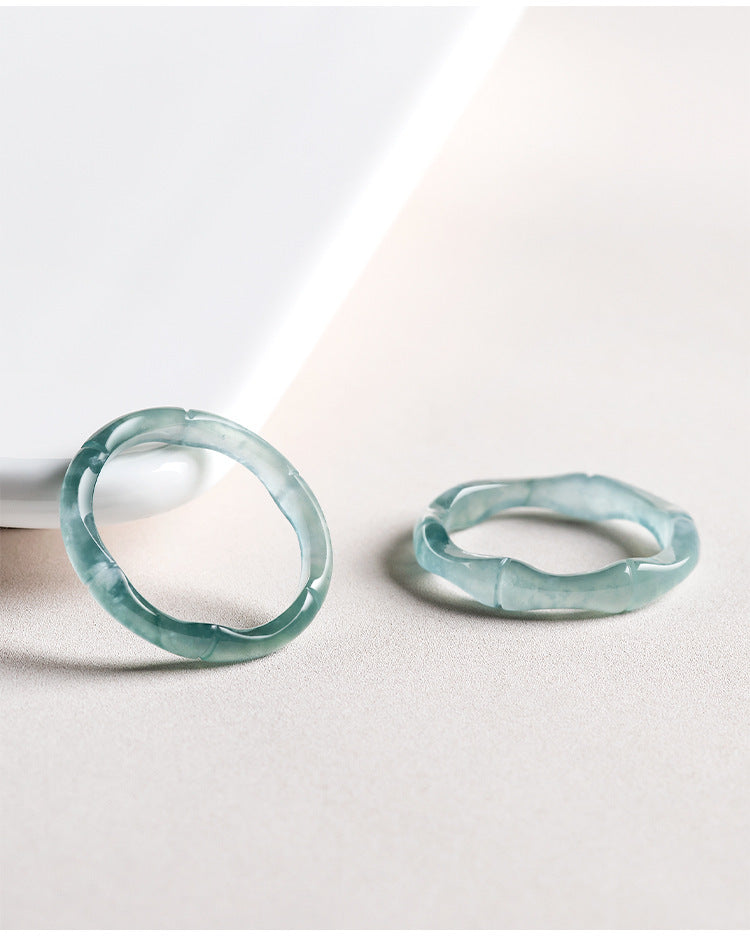 Grade A Ice-Type Blue Water Jadeite Jade Bamboo Design Solid Band Ring
