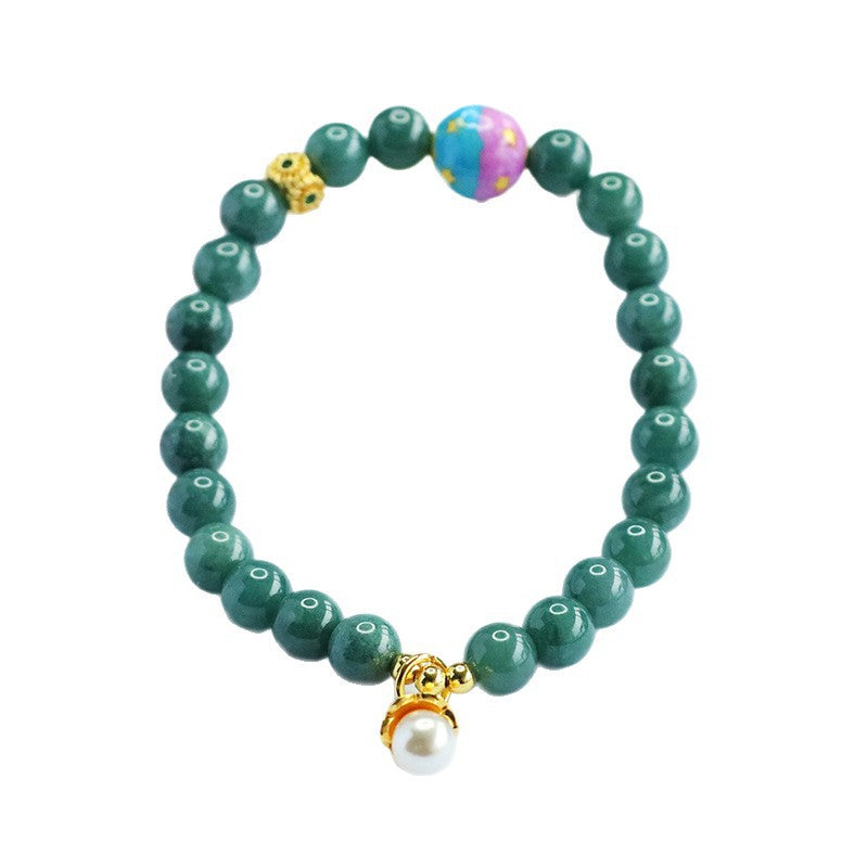 Blue Water Jadeite Jade Beaded Bracelet with Pearl and Colorful Enamel Accents