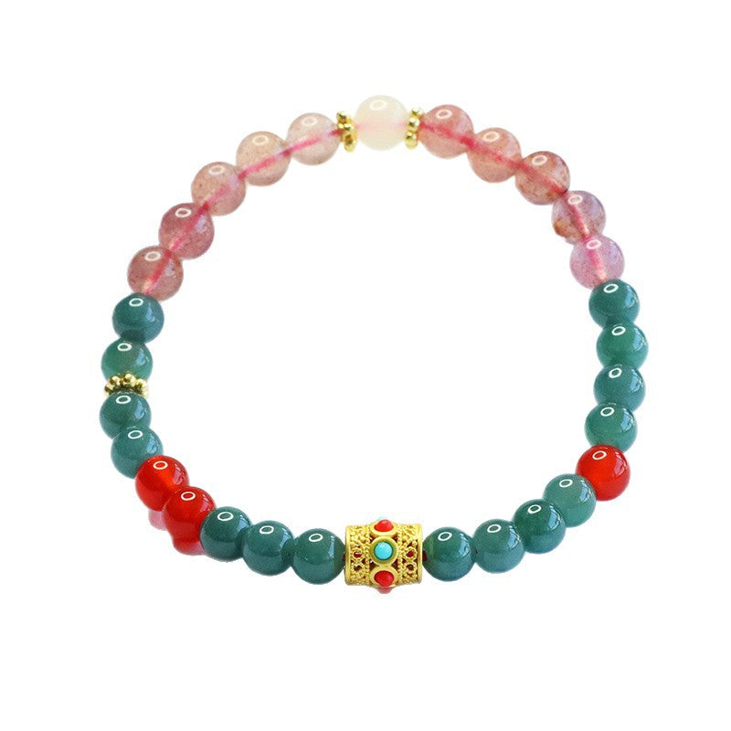 Blue Water Jadeite Jade and Strawberry Quartz Beaded Bracelet with Ornate Gold-Tone Tube Accent