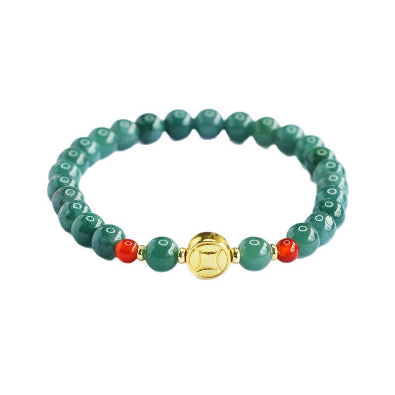 Blue Jadeite Jade & Red Agate Bracelet with Gold-Tone Coin Charm