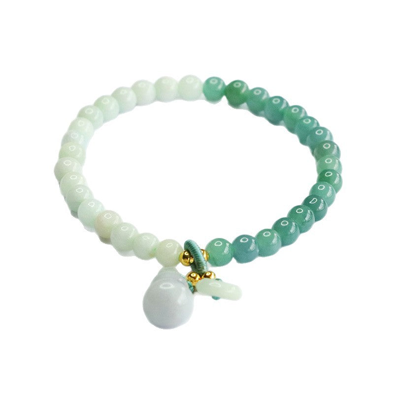 Gradient Green Jadeite Jade Beaded Bracelet with Gourd Charm