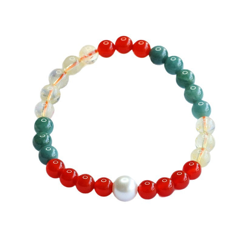 Blue Water Jadeite Jade, Red Agate, Citrine, and White Shell Pearl Beaded Bracelet