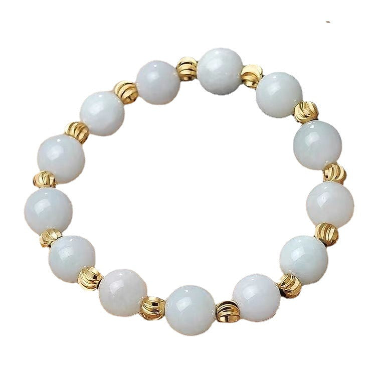 Burmese Grade A Jadeite Jade Beaded Bracelet with Ribbed Gold-Tone Spacers