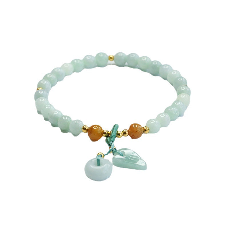 Burmese Grade A Jadeite Beaded Bracelet with Ping An Kou and Leaf Dangle Charms