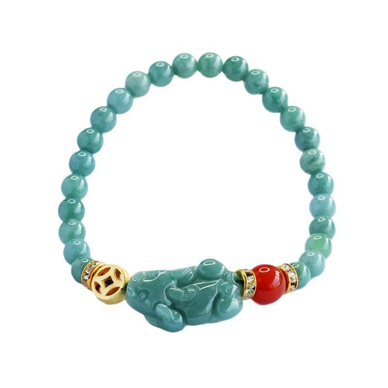 Blue Water Jadeite Jade Pi Xiu and Red Agate Beaded Bracelet