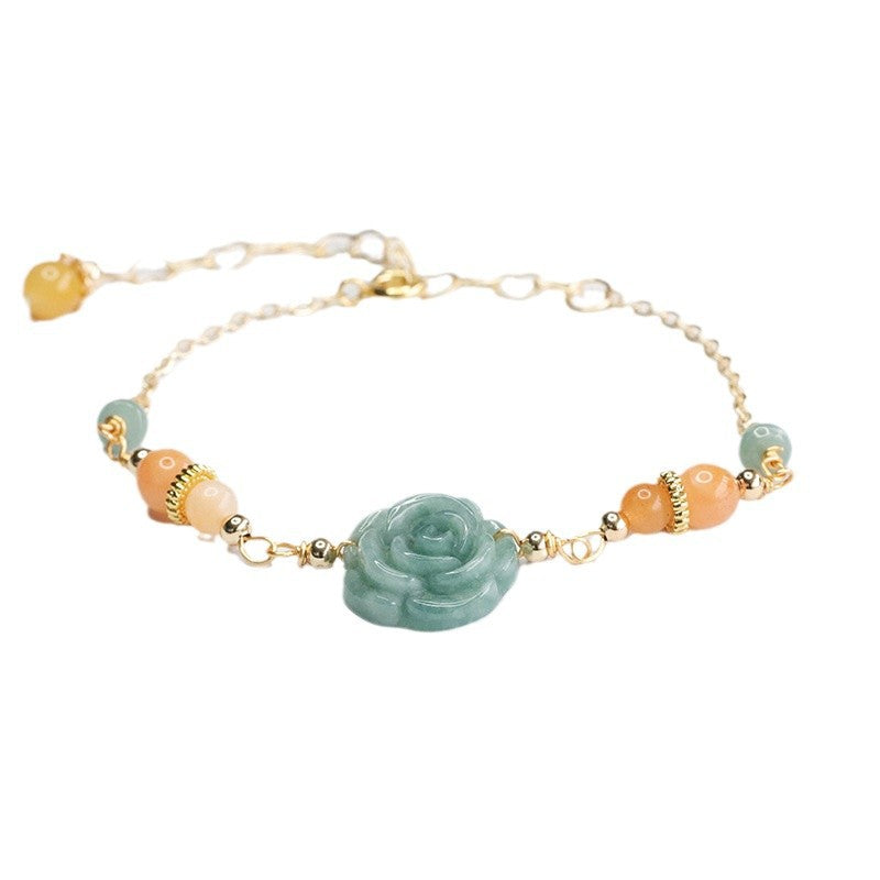 lue Water Jadeite Peony Flower and Gemstone Chain Bracelet