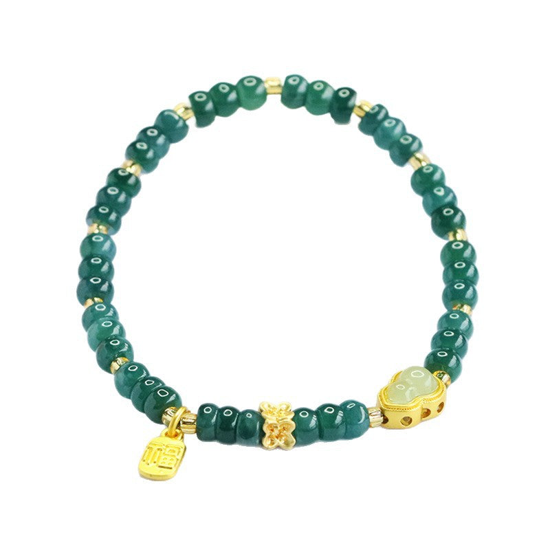 Blue Water Jadeite Jade Abacus Bead Bracelet with Gourd and "Fu" Wealth Charms