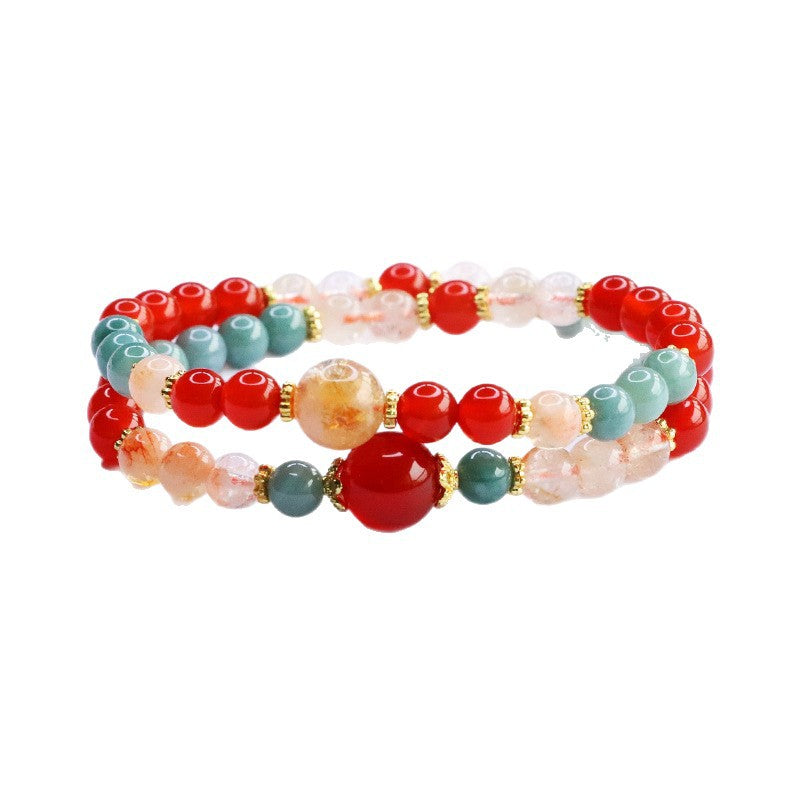 Red Agate, Yellow Phantom Quartz, and Jadeite Double-Strand Beaded Bracelet