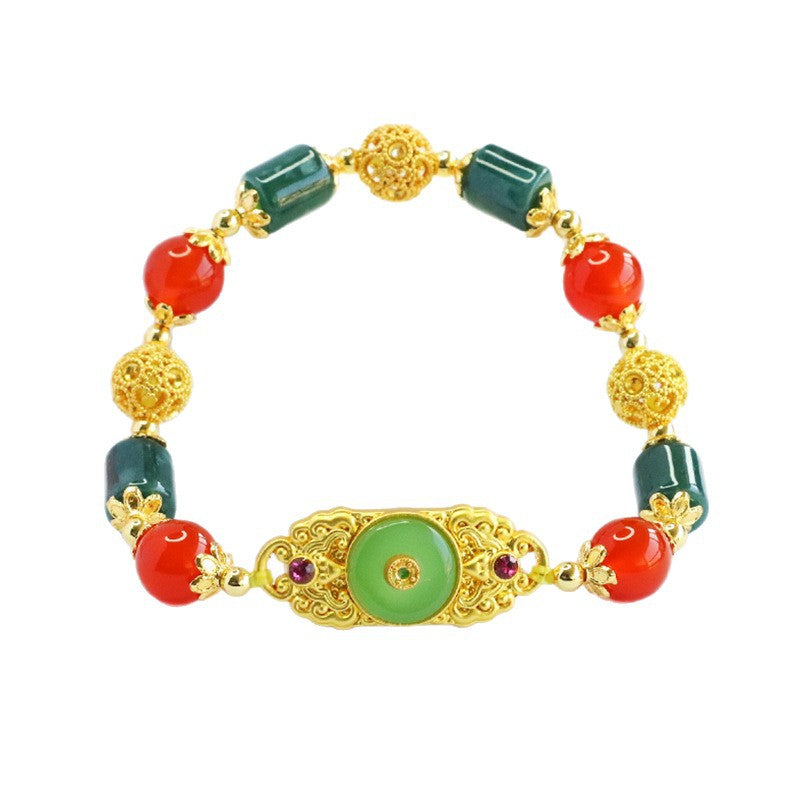 Blue Water Jadeite Jade Barrel Bead and Red Agate Ruyi Motif Bracelet