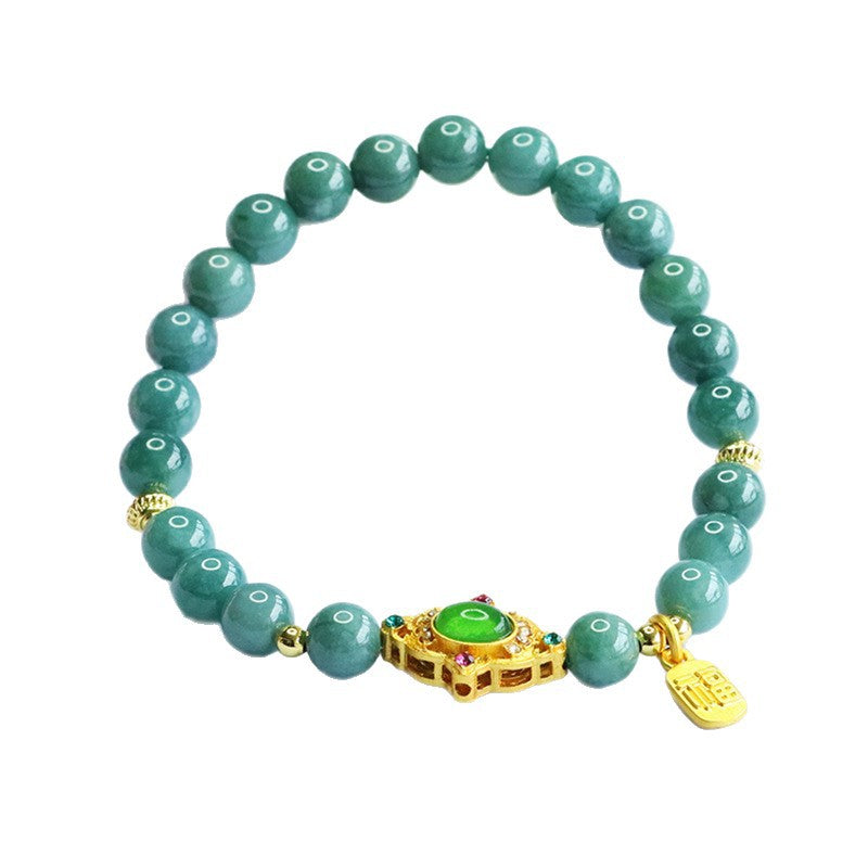 Blue Water Jadeite Jade Ruyi and Wealth Charm Beaded Bracelet