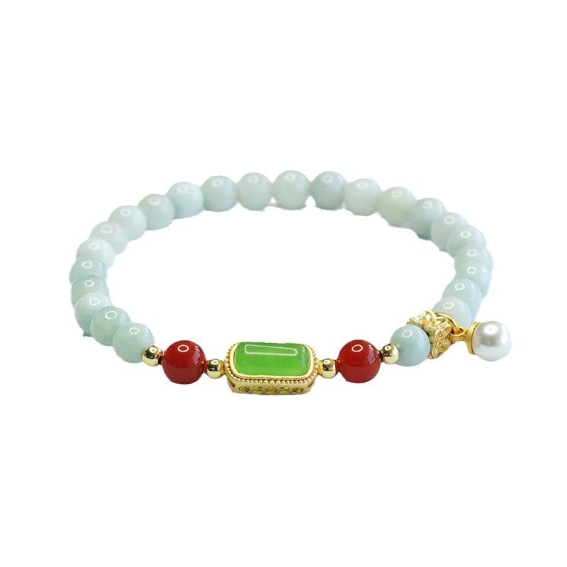 Burmese Grade A Jadeite Beaded Bracelet with Green Jadeite Plaque, Red Agate, and Pearl Charm