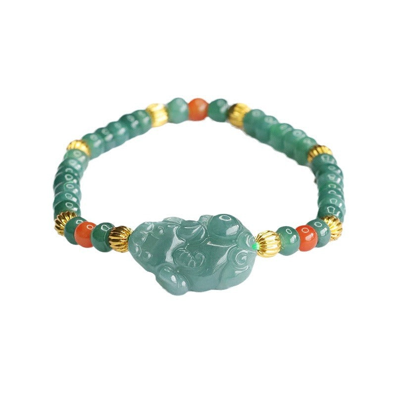 Blue Water Jadeite Jade Pi Xiu Beaded Bracelet with Red Agate Accents