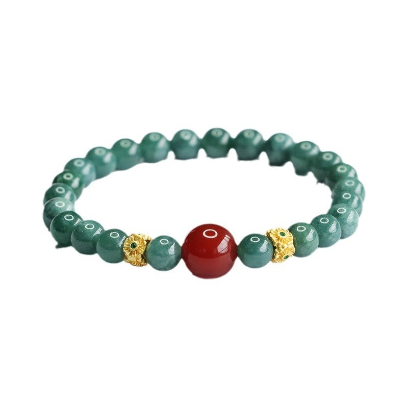 Blue Water Jadeite Jade and Red Agate Beaded Bracelet with Gold-Tone Spacers