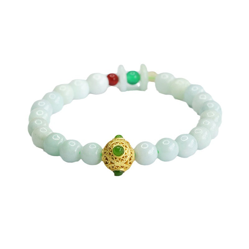 Burmese Grade A Jadeite Jade Beaded Bracelet with Filigree Sphere and Safety Buckle Accents