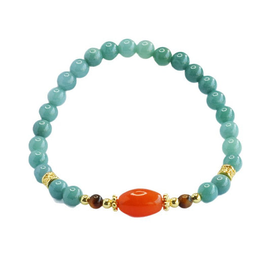 Blue Jadeite Jade Stretch Bracelet with Red Silk Agate & Tiger's Eye