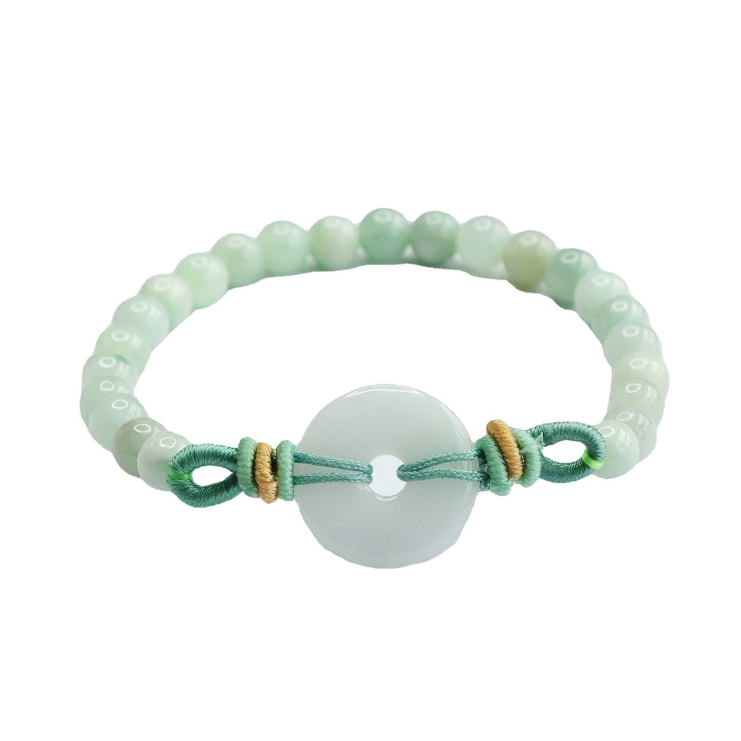 Blue Water Jadeite Jade Beaded Bracelet with Ping An Kou Centerpiece