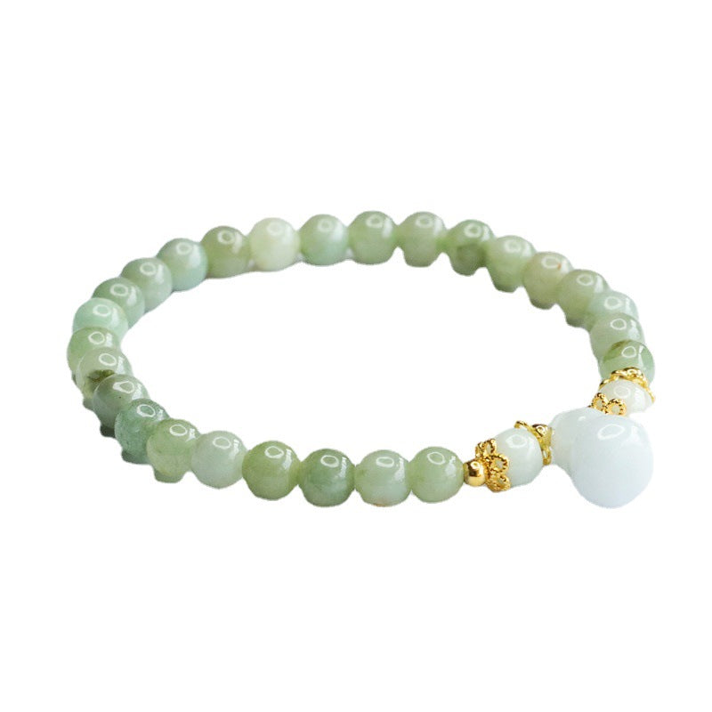 Burmese Grade A Jadeite Jade Beaded Bracelet with Gourd Pendant