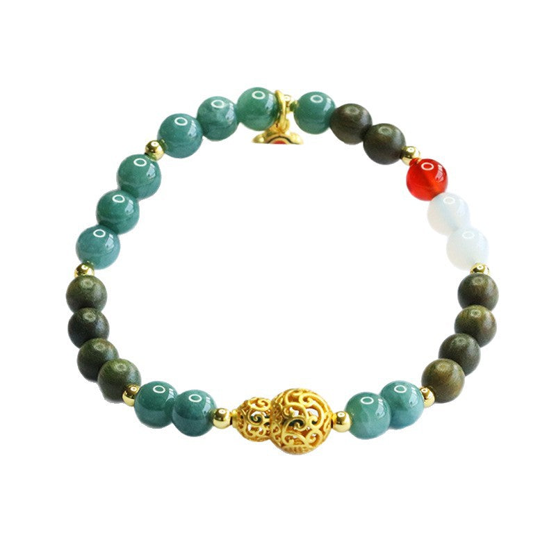 Blue Water Jadeite Jade, Green Sandalwood, Agate, and Chalcedony Beaded Bracelet