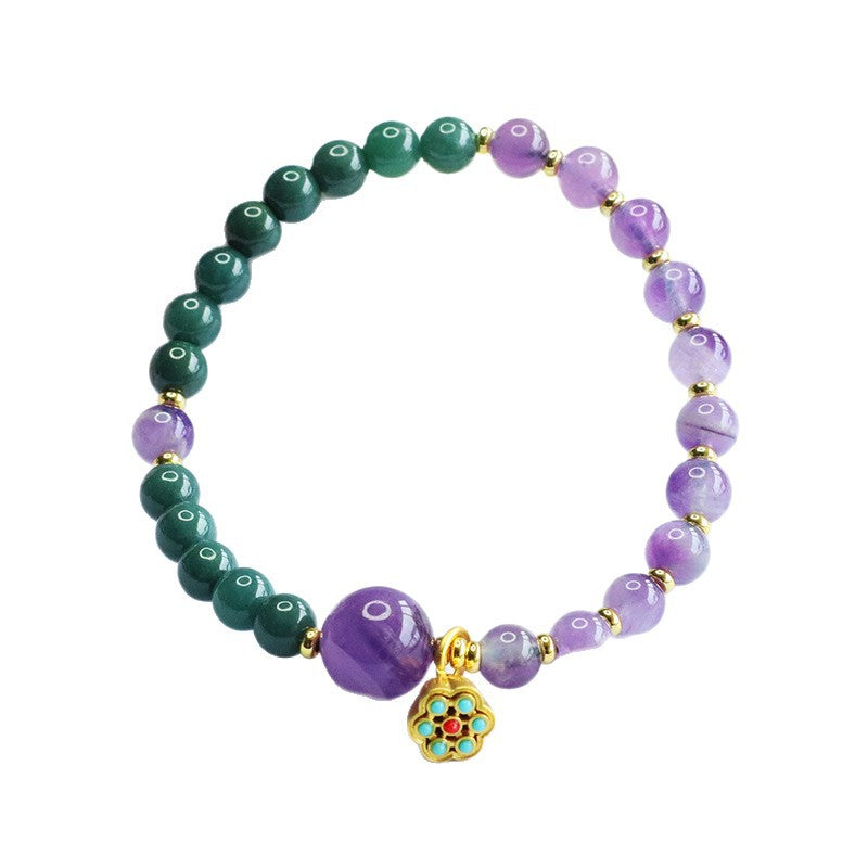 Blue Water Jadeite Jade and Amethyst Beaded Bracelet with Enamel Charm