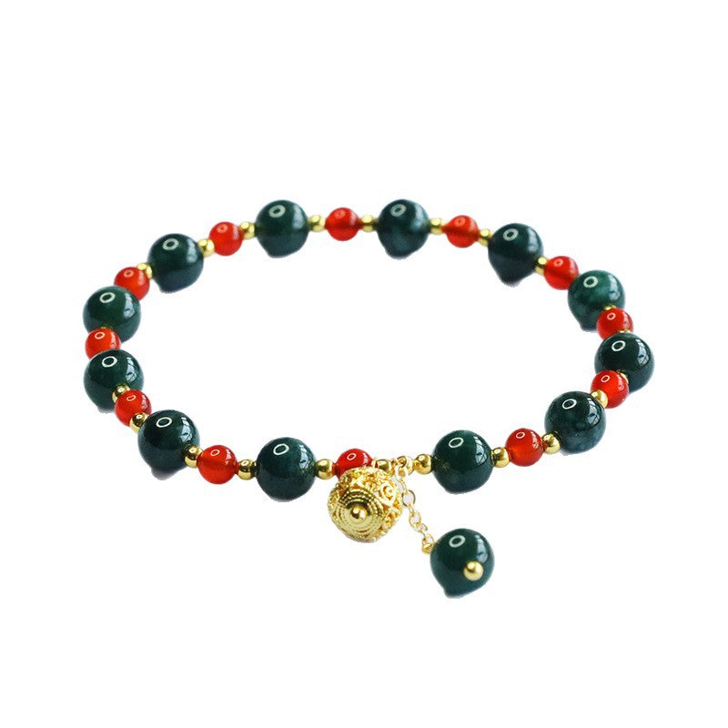 Blue Water Jadeite Jade and Red Agate Beaded Bracelet with Filigree Charm