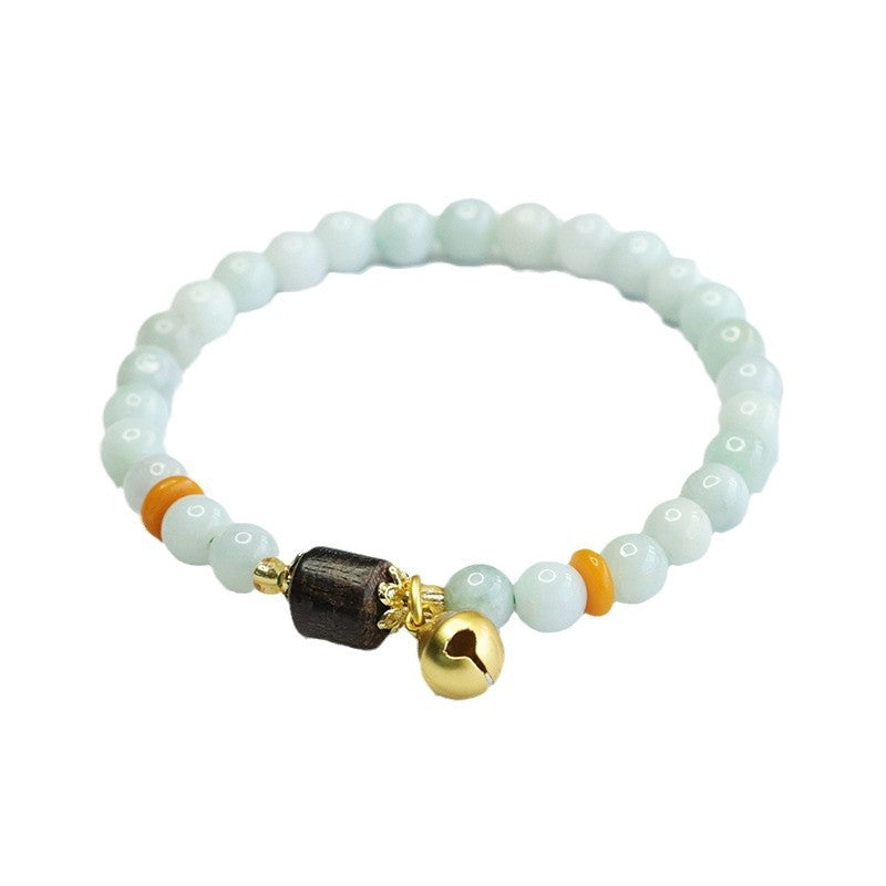 Burmese Grade A Jadeite Jade and Agarwood Beaded Bracelet with Bell Accent