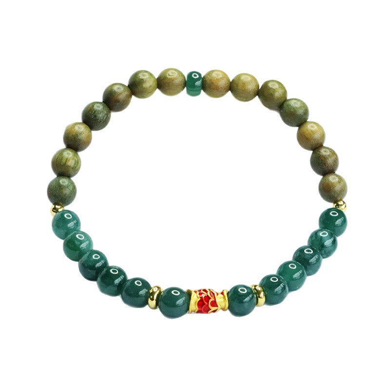 Blue Water Jadeite Jade and Green Sandalwood Beaded Bracelet with Red Enamel Koi Accent