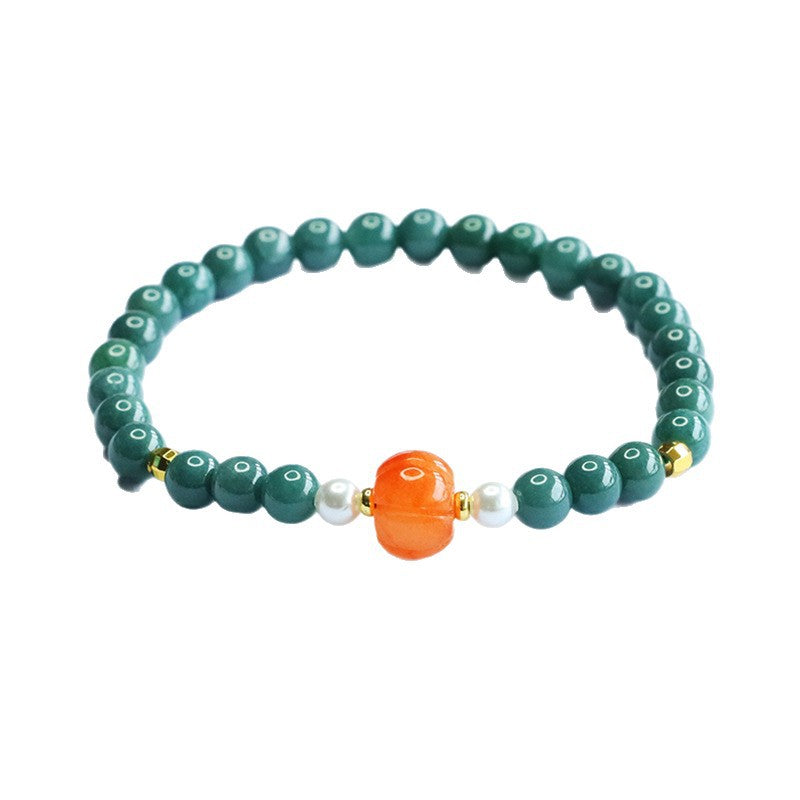 Blue Water Jadeite Jade Pumpkin Beaded Bracelet with Pearl Accents