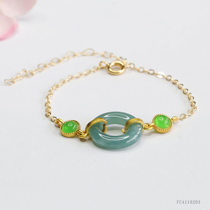 Blue Water Jadeite Jade Safety Ring Chain Bracelet with Green Cabochons