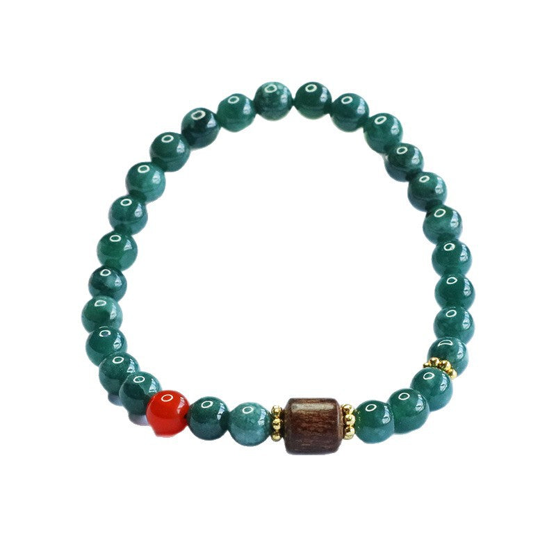 Blue Water Jadeite Jade and Agarwood Beaded Bracelet with Red Agate Accent