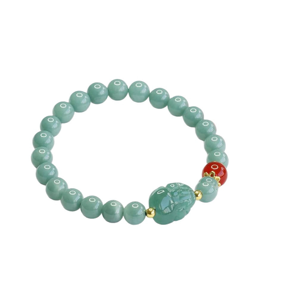 Blue Water Jadeite Jade and Red Agate Pixiu Beaded Bracelet