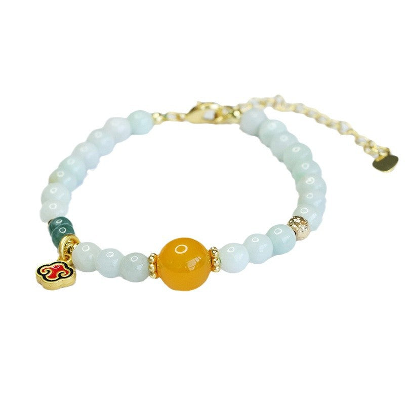 Burmese Grade A Jadeite Beaded Bracelet with Yellow Chalcedony Accent and Ruyi Charm