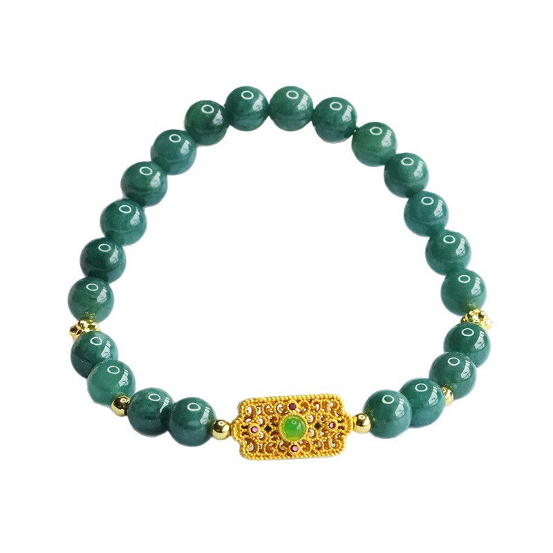 Blue Water Jadeite Jade Beaded Bracelet with Filigree Rectangular Charm