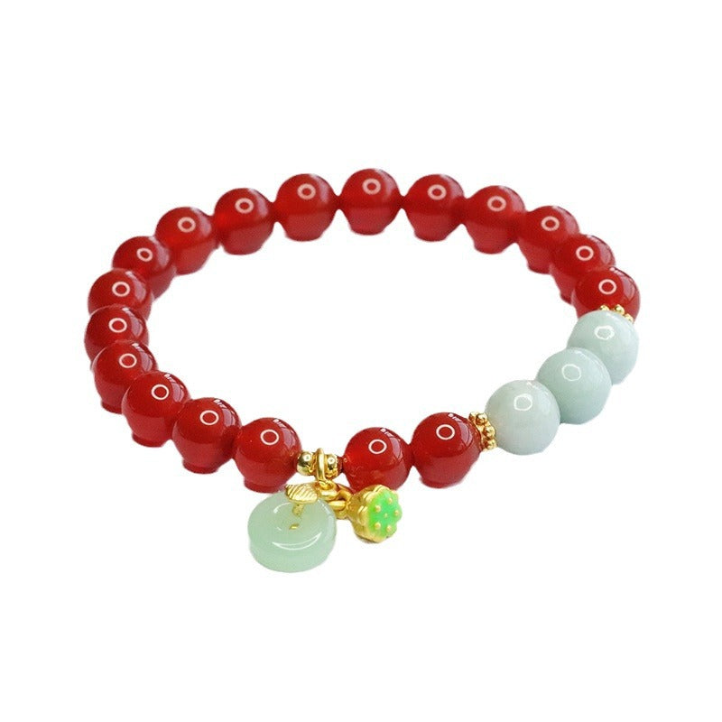 Red Agate and Jadeite Jade Beaded Bracelet with Dangle Charms