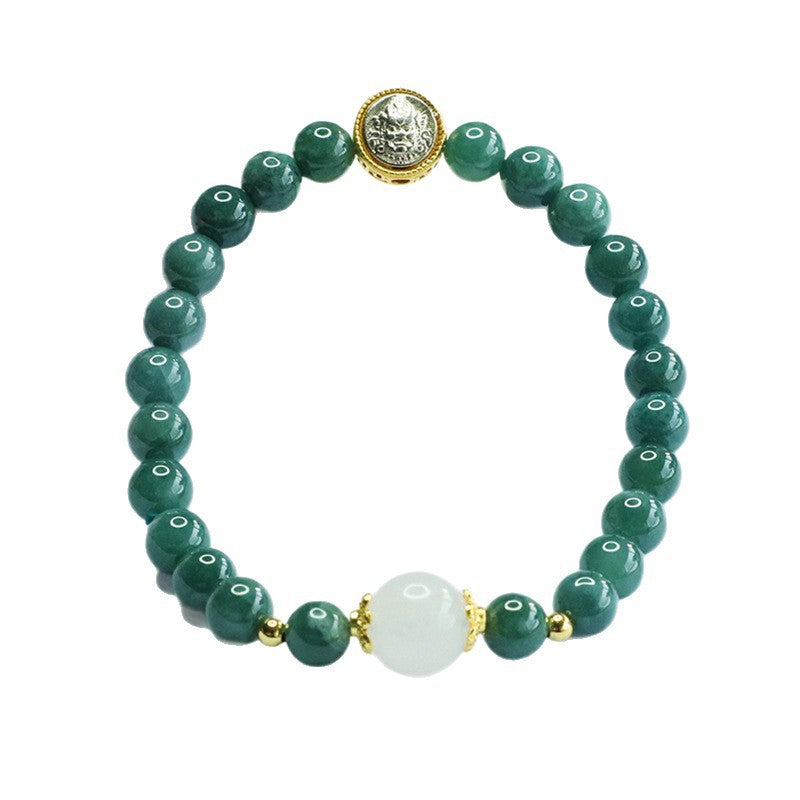 Blue Water Jadeite Jade and Yellow Wealth Deity Beaded Bracelet