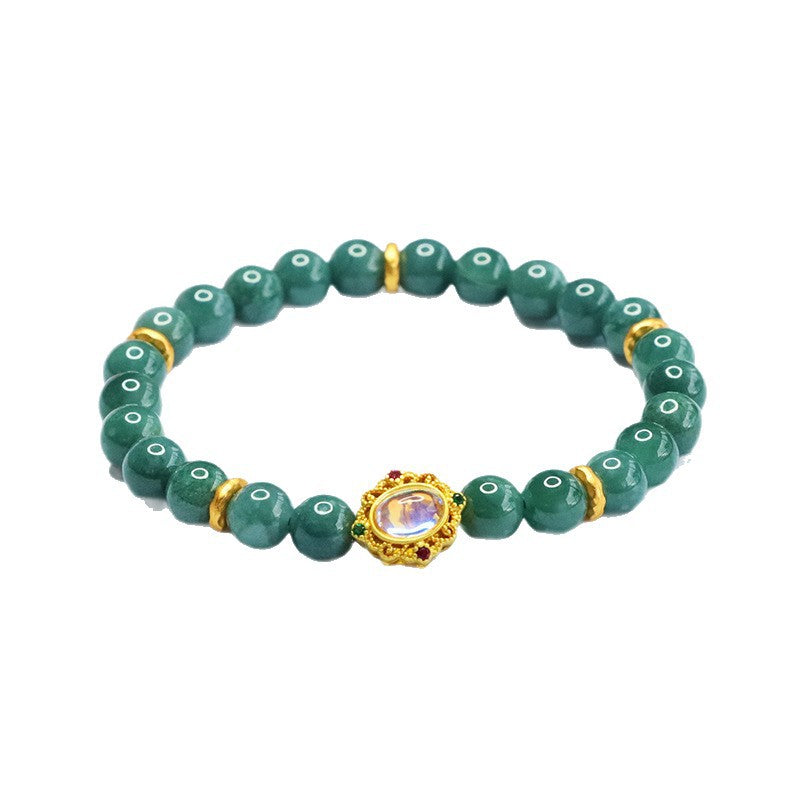 Blue Water Jadeite Jade Beaded Bracelet with Moonstone Centerpiece