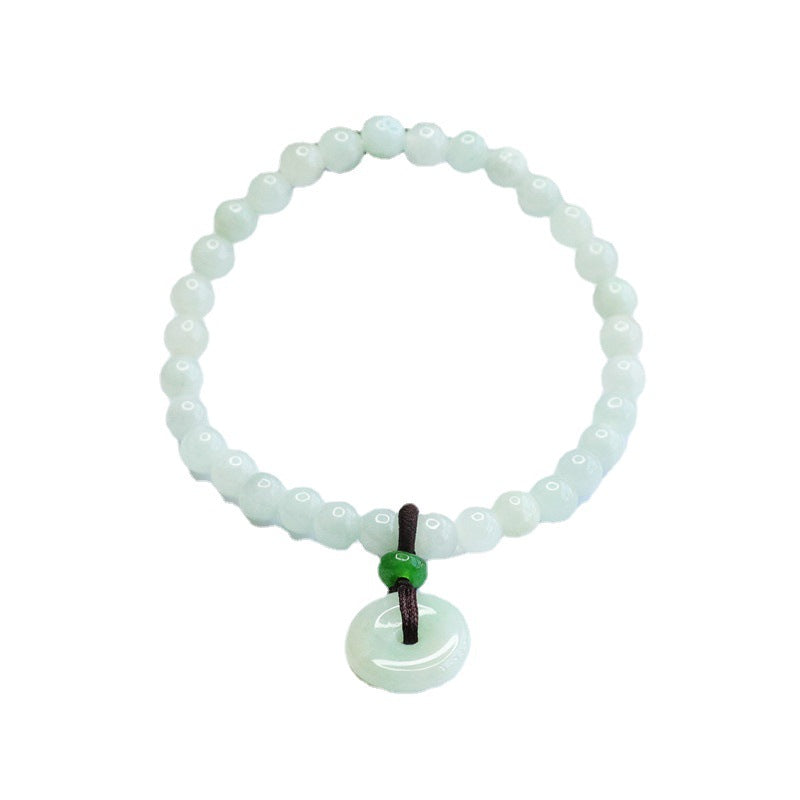 Grade A Pale Green Jadeite Jade Peace Buckle Cord-Tassel Beaded Bracelet