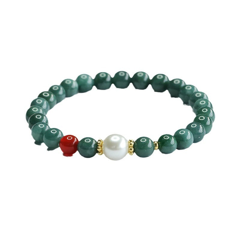 Blue Water Jadeite Jade Beaded Bracelet with Pearl and Red Agate Accent