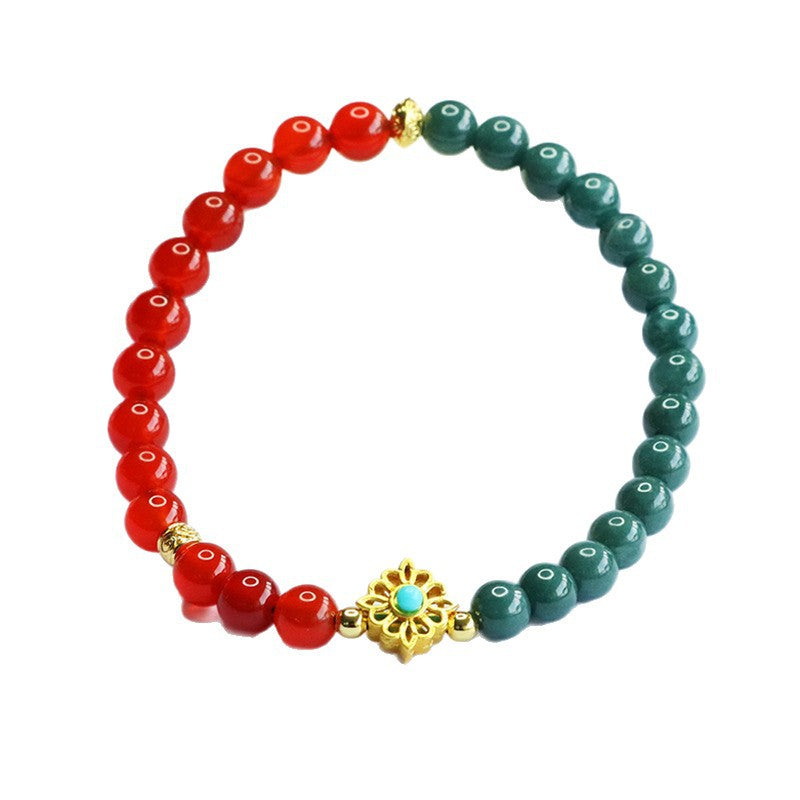 Blue Water Jadeite Jade & Red Agate Bracelet with Gold-tone Flower Accent