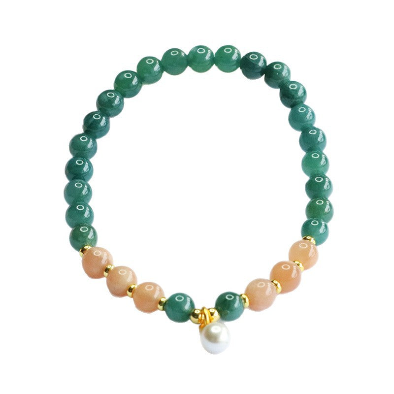 Blue Water Jadeite Jade and Orange Moonstone Beaded Bracelet with Pearl Dangle Charm