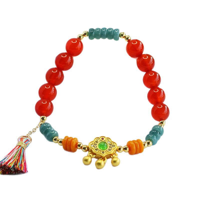 Red Agate and Blue Water Jadeite Jade Ruyi Beaded Stretch Bracelet with Tassel Charm
