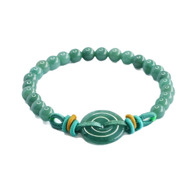 Blue Water Jadeite Jade Beaded Bracelet with Ping An Kou Centerpiece