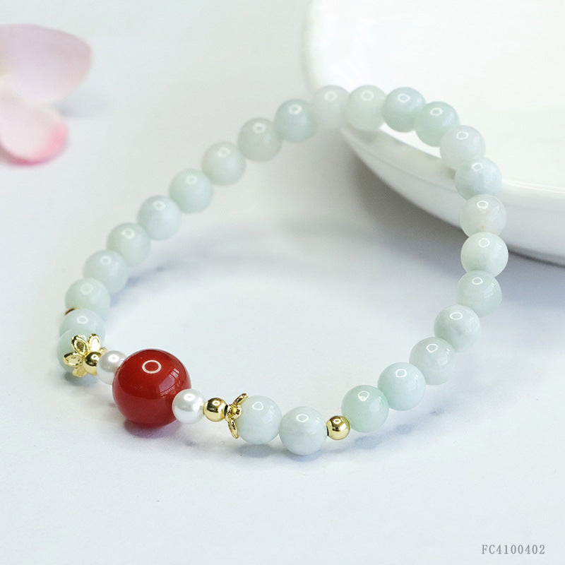 Burmese Grade A Jadeite Jade and Red Agate Beaded Bracelet with Pearl Accents