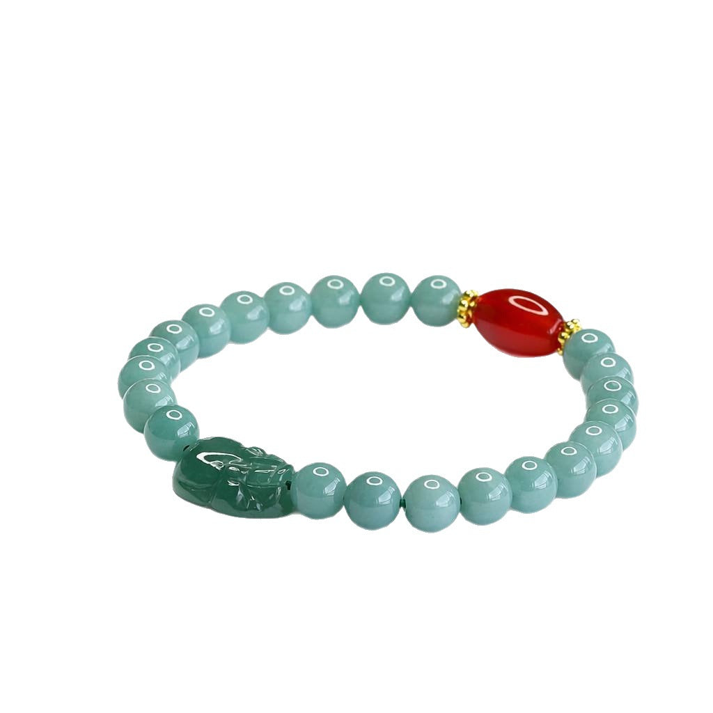 Blue Water Jadeite Jade and Red Agate Barrel Bead Pixiu Beaded Bracelet