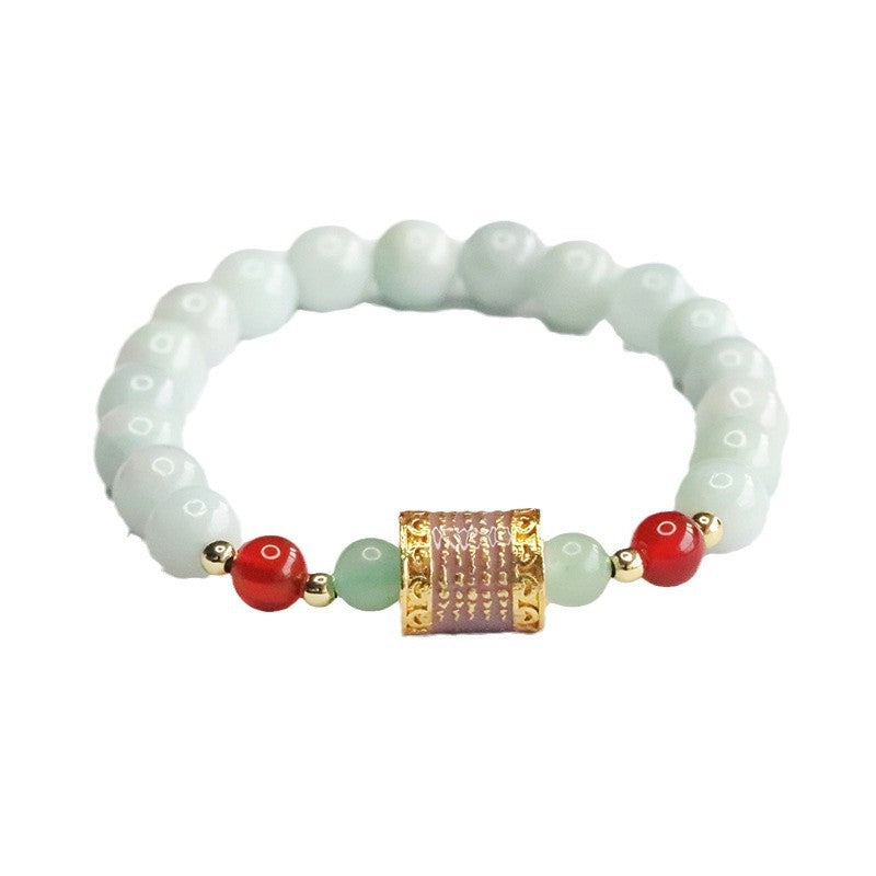 Burmese Grade A Jadeite Jade Beaded Bracelet with Scripture Tube Bead