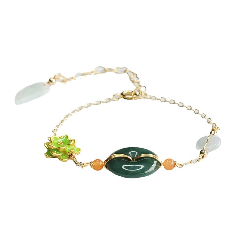 Blue Water Jadeite Ping An Kou and Enamel Lotus Flower Chain Bracelet