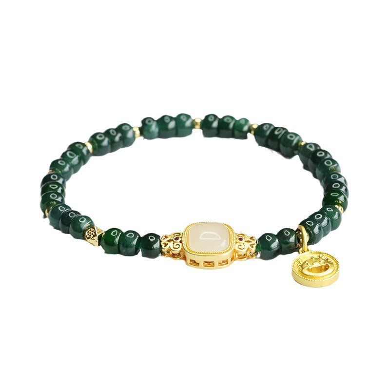 Blue Water Jadeite Abacus Bead Bracelet with Square Focal and Coin Charm