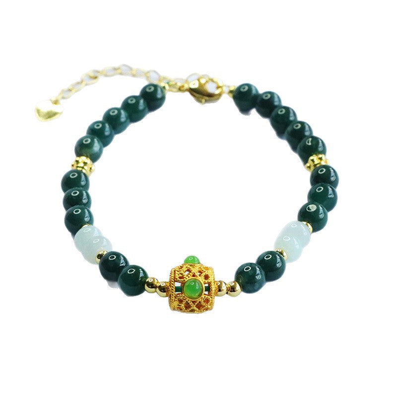Blue Water Jadeite Jade Beaded Bracelet with Filigree Ball Charm
