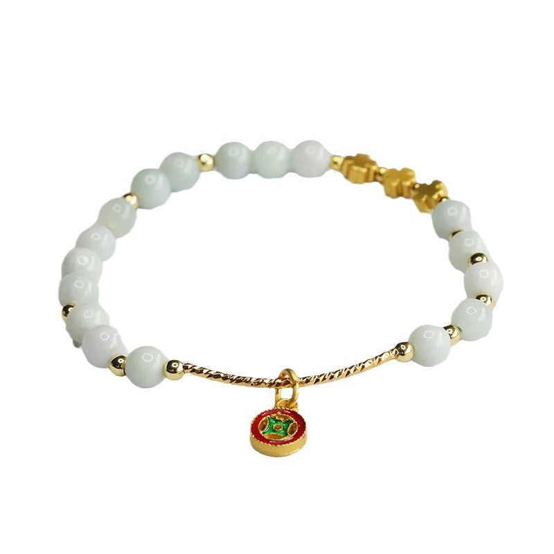 Burmese Grade A Jadeite Bracelet with Gold-Tone Tube & Enamel Charm