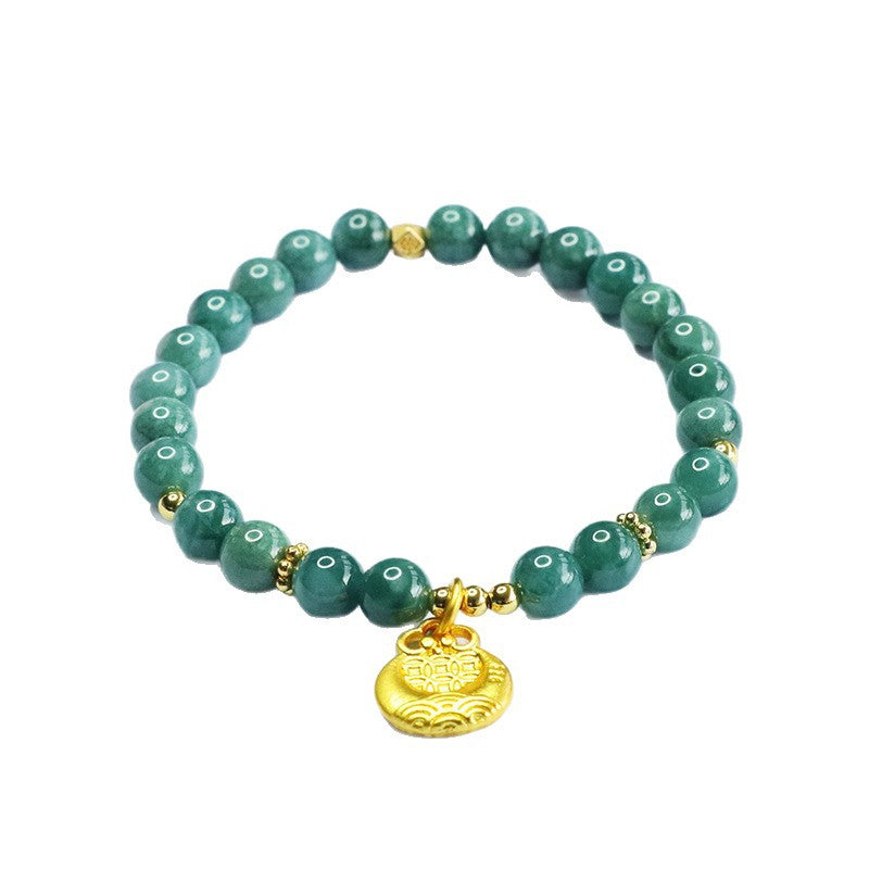 Blue Water Jadeite Jade Beaded Bracelet with Golden Money Bag Charm