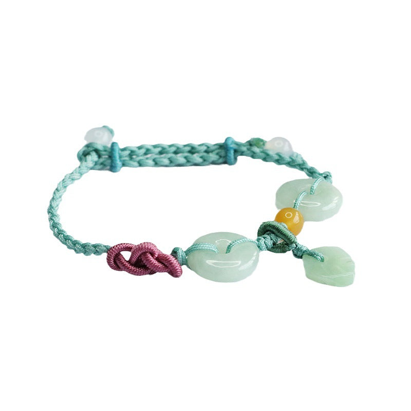 Burmese Grade A Jadeite Jade Safety Buckle and Leaf Braided Cord Bracelet
